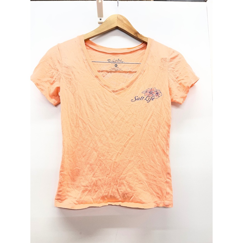 Salt Life Womens Small Peach Coral V-Neck Graphic T-Shirt Crab Tropical Floral